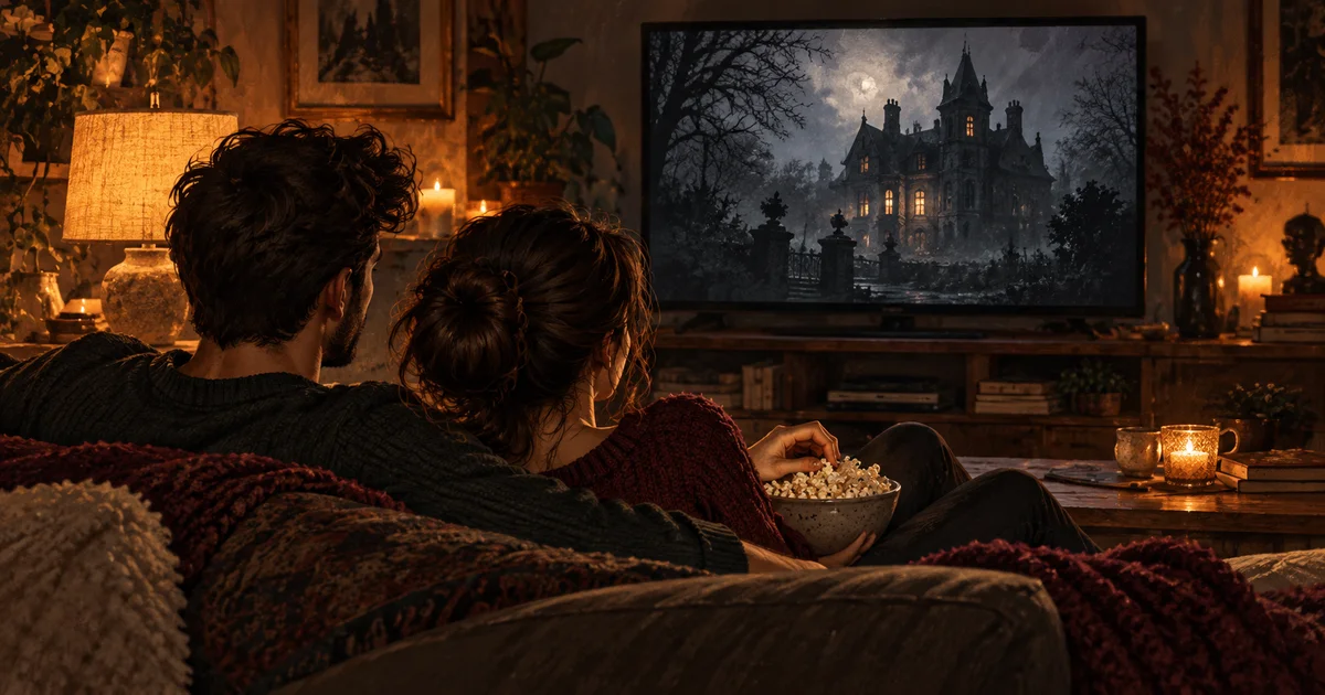 Two adults sharing popcorn on a sofa while a haunted house fills the television screen
