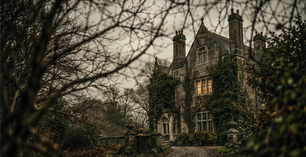 An old stone house framed by bare branches